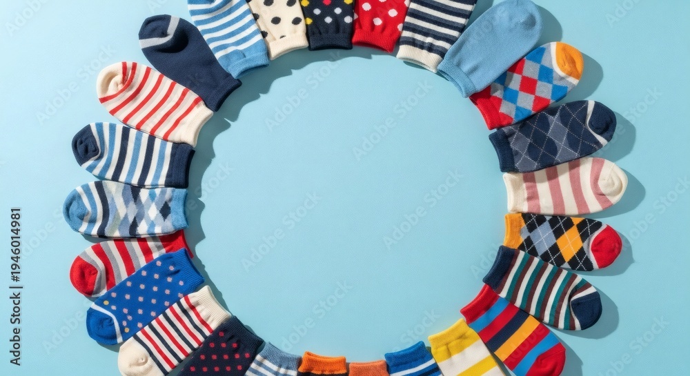 Fototapeta premium Circle of Colorful Socks on Blue Pastel Background