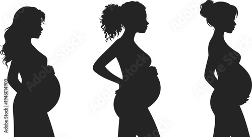 Silhouette of pregnant women in profile view, diverse hairstyles, maternity illustration, maternal health, family planning, pregnancy concept art