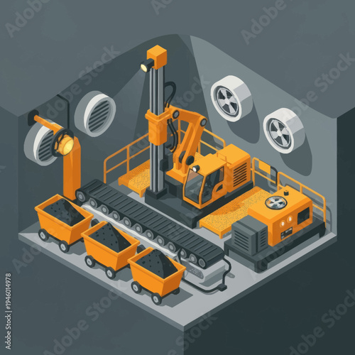 Isometric Mining Equipment and Coal Extraction Process.