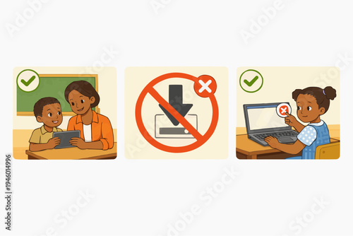 Parental guidance and online safety illustration showing approved screen time for children supervised device use restricted smartphone access and secure computer learning in a friendly flat style