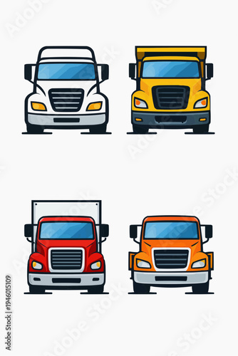 Set of four colorful front view trucks isolated on a light background featuring blue yellow red and orange commercial vehicles for transport logistics delivery fleet and automotive design themes