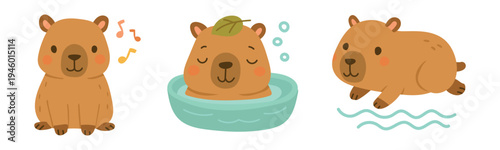 Cute capybara animal illustration set showing singing relaxing and swimming, adorable wildlife character for nursery decor, nature blogs and children storytelling graphics