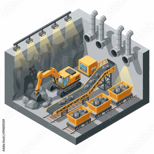Coal Mining Operation with Excavator and Conveyor System.