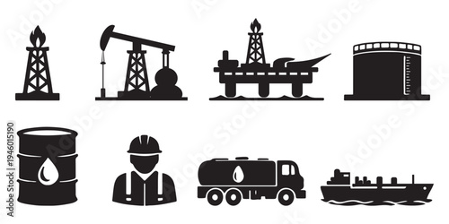 Set of 8 Black Oil and Gas Industry Icons Vector, featuring drilling rigs, pumpjack, storage tank, barrel, worker, tanker truck, and ship for energy production and transportation