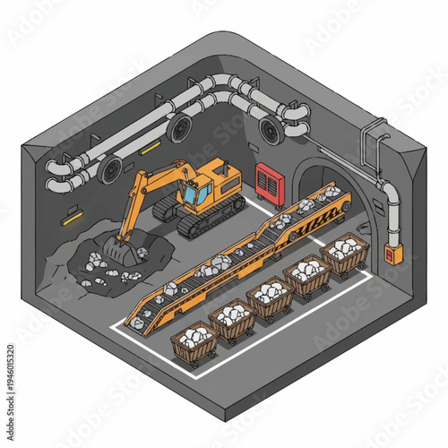 Mining Excavator and Conveyor Belt System in Underground Operation.