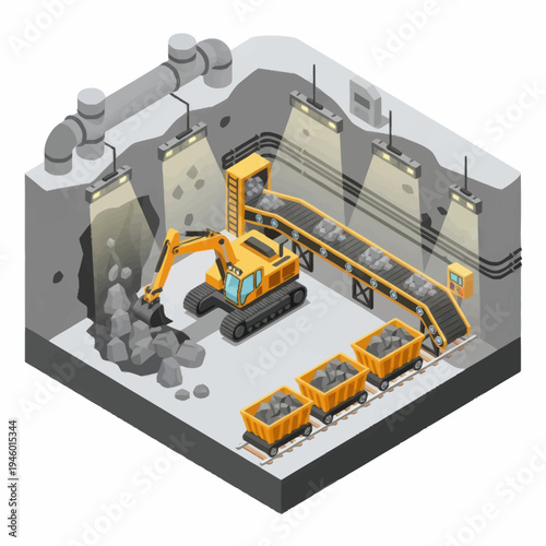 Industrial Excavator and Conveyor Belt in Coal Mine.