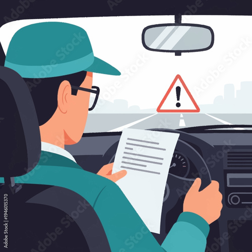 Man in car reading document with warning sign.