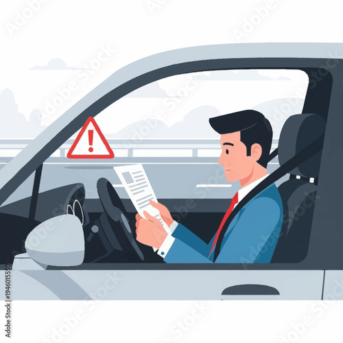 Man Driving Car Reading Document Danger Ahead.