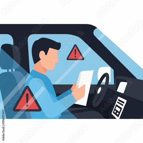 Man driving car distracted by phone screen with warning signs.