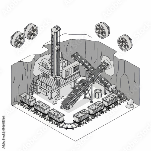 Isometric Coal Mine Mining Operation with Conveyor Belts and Carts.
