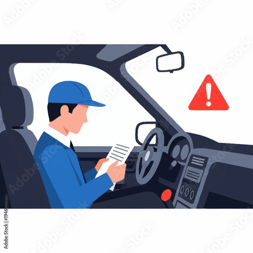 Man in car reading document with warning sign.