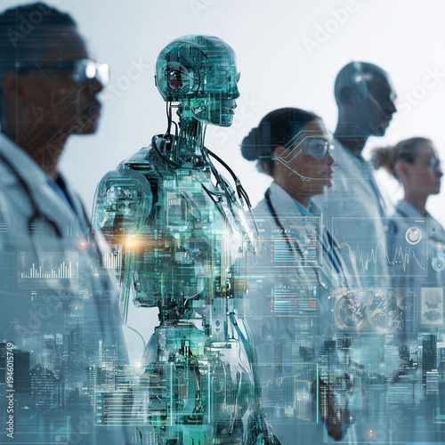 Medical professionals stand beside a translucent robot. They appear focused, collaborating with advanced technology. Futuristic data streams pulse behind them in blue hues