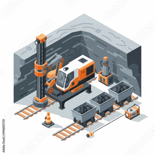 Isometric mining equipment with coal carts and drilling machine.