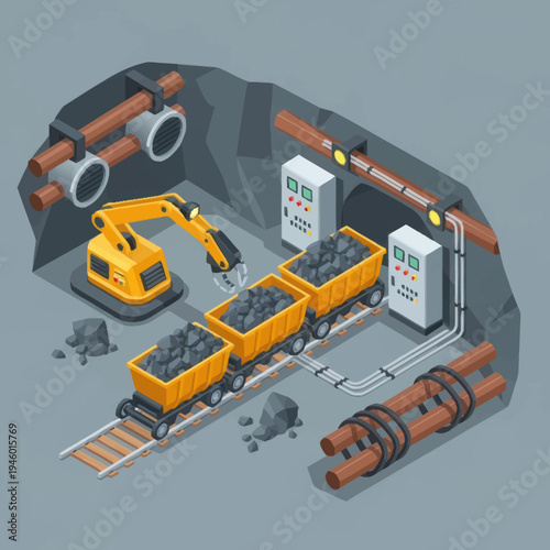 Coal Mining Excavator and Wagons in Underground Operation.