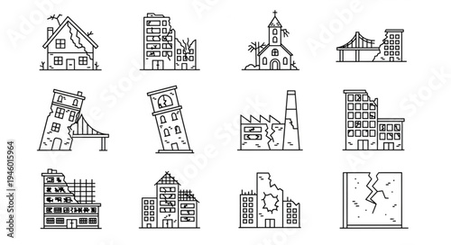 Collection of Damaged Buildings and Structures in Sketch Style.