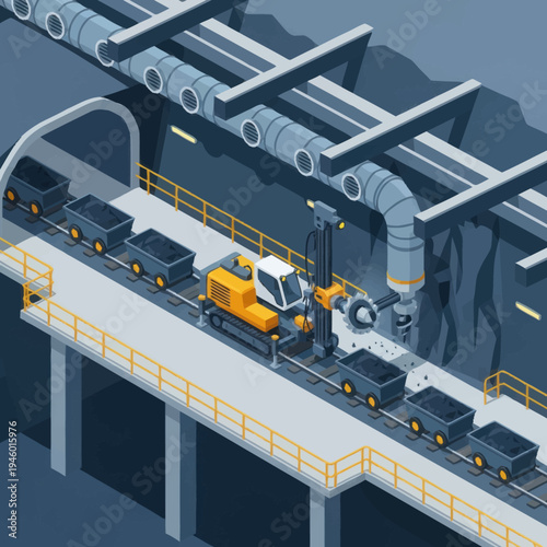 Mining excavator loading coal into wagons underground.