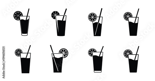 Cold drink glass and fresh juice silhouette icon set featuring straw and lemon slice for summer refreshment and more vector illustration or editable stroke