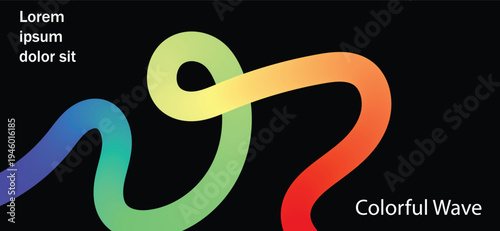 Abstract colorful wavy line flowing across a dark background with text placeholders