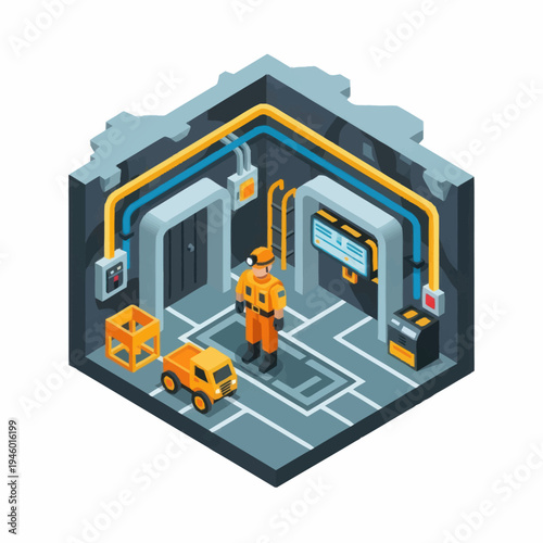 Isometric industrial worker in a futuristic control room.