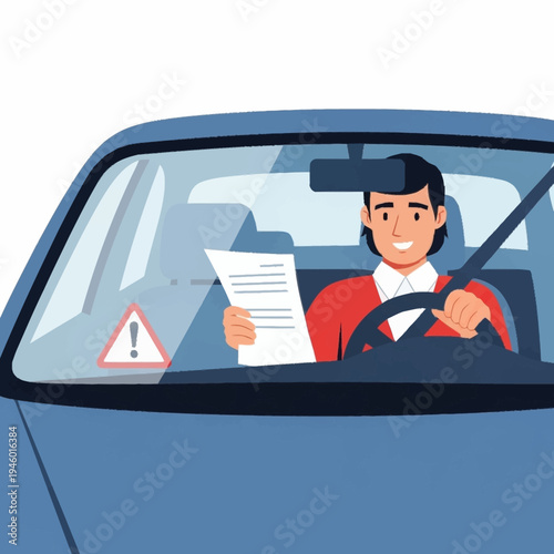 Man driving car reading document with caution sign.