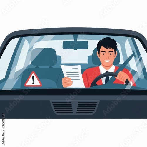 Man Driving Car Holding Document.