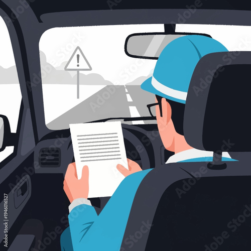 Man in car reading document while driving.