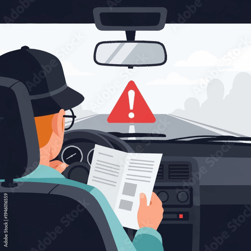 Driver Reading Document While Driving Danger.