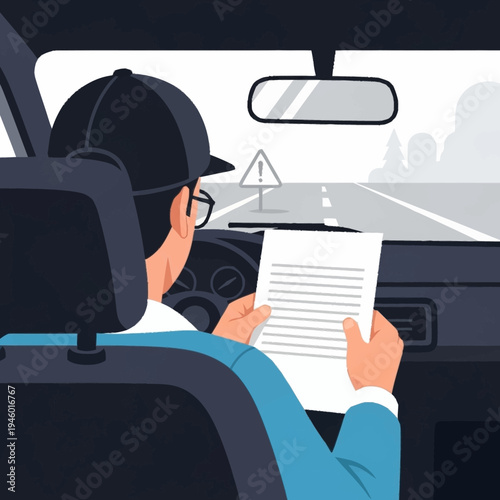 Man in car reading document while driving.