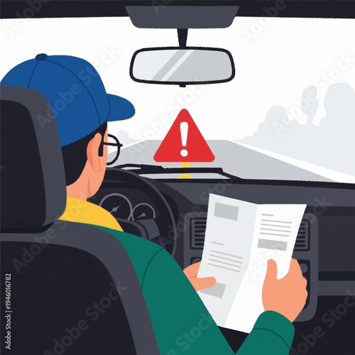 Man driving car reading document with warning sign.