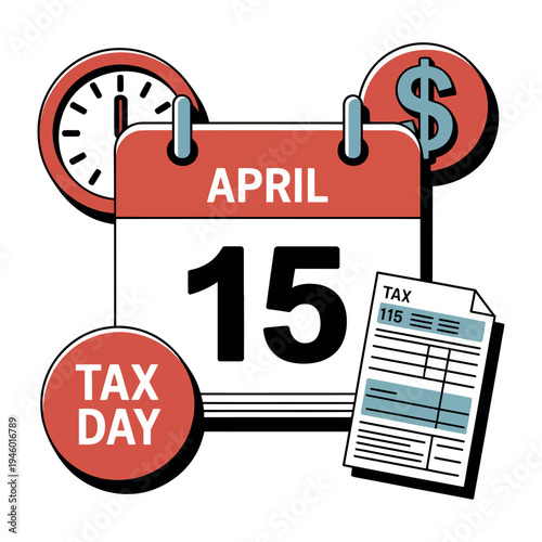 An illustration of Tax Day on April 15th with a calendar, clock, and money