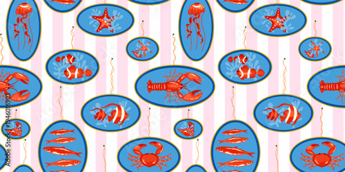 Sea cute creature seamless pattern with lobsters, starfish, crabs, sardines , jellyfish, seashells framed by blue ovals on soft pink vertical stripes background for wallpaper, textiles or decoration