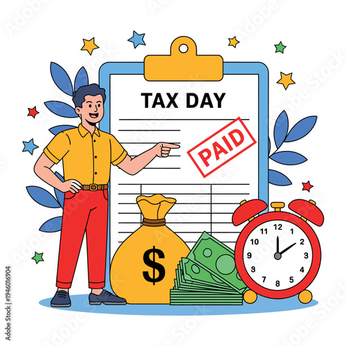A cartoon man celebrates paying taxes on time with a clipboard and money