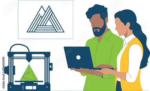 Two modern professionals collaborate on a project using a laptop computer. Beside them, a high-tech 3D printer actively constructs a bright green geometric object.