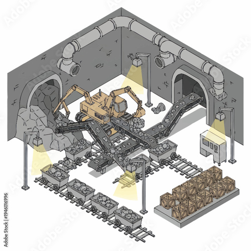 Mining operation with excavators and conveyor belts.