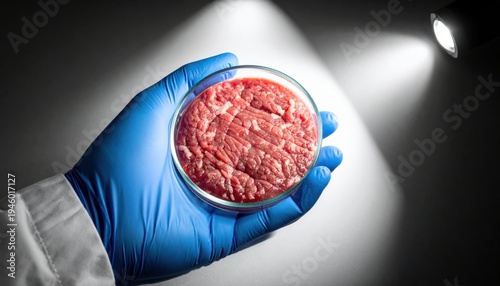 A gloved hand holds a petri dish containing developing lab-grown meat cultures, showcasing food technology.