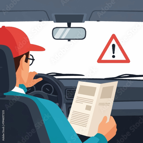 Man in car reading document with warning sign.