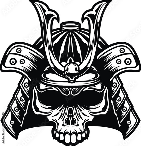 A stylized samurai skull helmet with ornate horned crest and intricate armor detailing