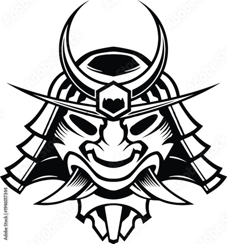 Menacing samurai mask with exaggerated features and protective armor elements