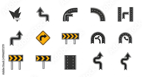 Collection of Road and Traffic Sign Icons for Navigation.