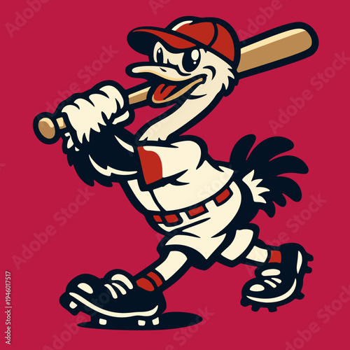 Retro Ostrich Baseball Mascot Batting Logo – Vintage Cartoon Sports Team Character