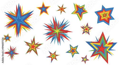 Colorful starburst shapes in blue, red, yellow, and orange on a white background, with a flat lay composition.