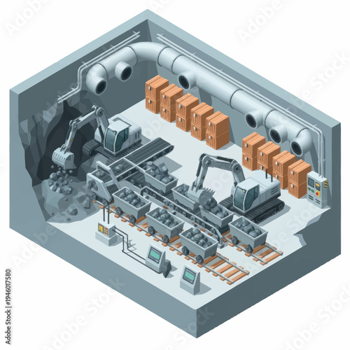 Industrial mining operation with excavators and conveyor belts.