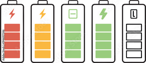Battery level indicators. Colorful battery charge level icons. Battery power level pictograms in outline style. Vector