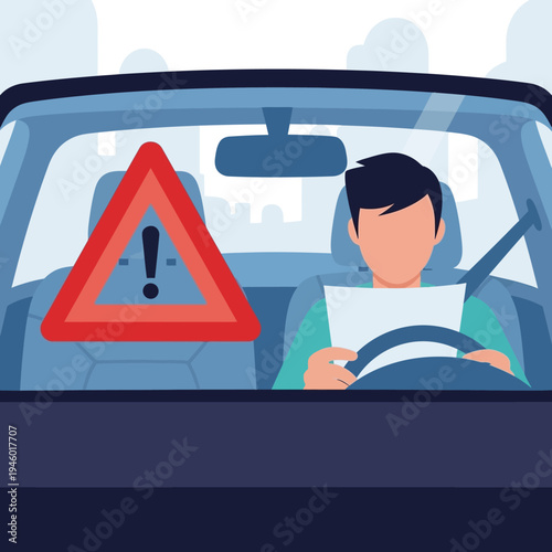 Man driving car with warning sign inside vehicle.