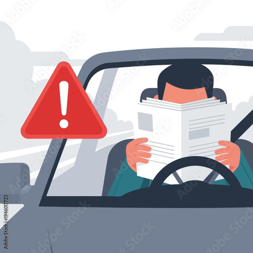 Driver reading newspaper in traffic jam with warning sign.