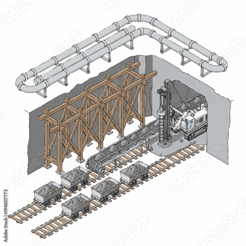 Mining Operation with Drilling Machine and Ore Carts.