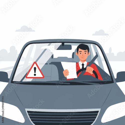 Man driving car holding document with warning sign.