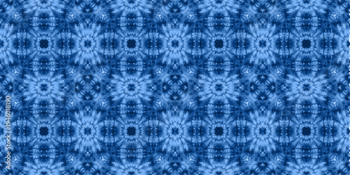 Blue indigo shibori tie dye seamless pattern inspired by traditional Japanese textile techniques. Radial geometric ornament with watercolor effect, suitable for fabric, wallpaper, packaging