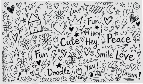 Cute Doodle Art with Fun Words and Symbols