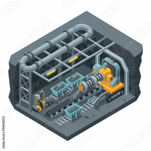 Isometric Industrial Mining Facility with Machinery and Carts.